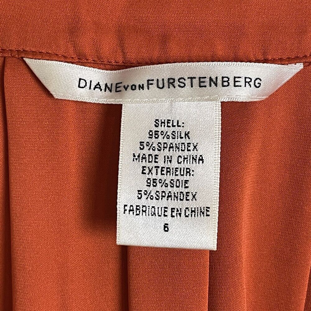 Diane von Furstenberg Top Women's 6 Orange Silk Blend 3/4 Sleeve V-Neck Blouse - Picture 5 of 5